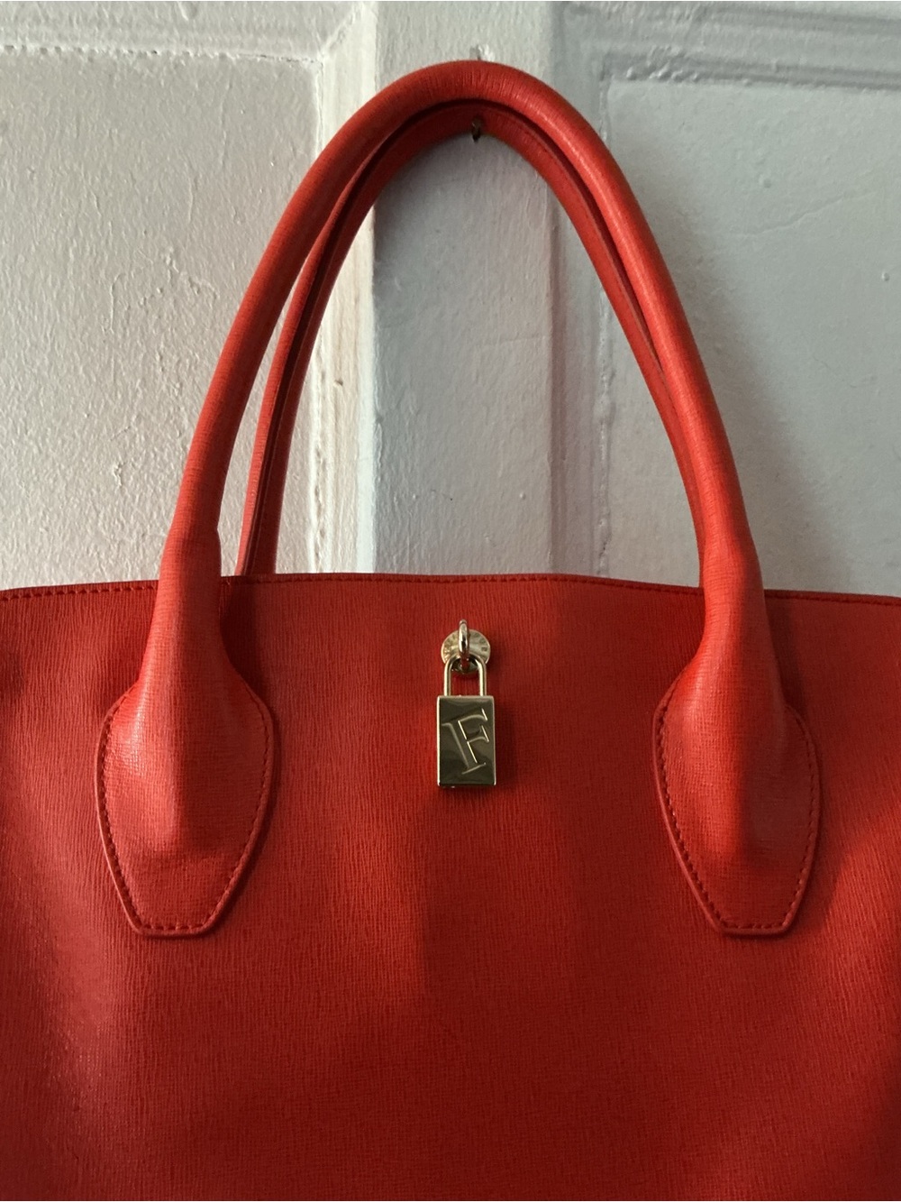 Furla Vibrant Red-Orange Structured Tote with Gold Lock - Picture 5 of 14